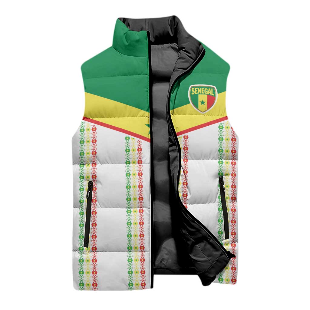 World Football 2026 Senegal Custom Sleeveless Puffer Jacket African Kente White Pattern - Wonder Print Shop