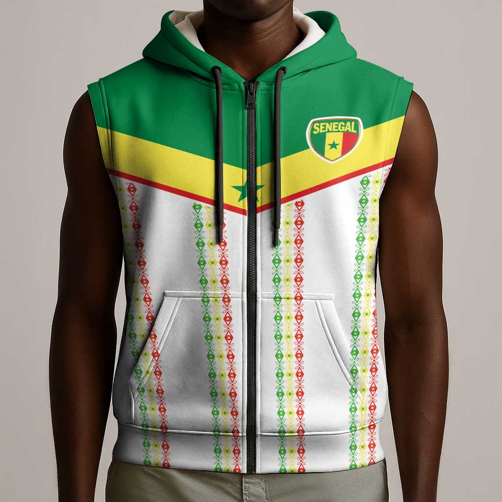 World Football 2026 Senegal Custom Sleeveless Zip Hoodie African Kente White Pattern - Wonder Print Shop