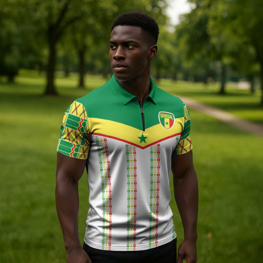 World Football 2026 Senegal Custom Zipper Polo Shirt African Kente White Pattern - Wonder Print Shop