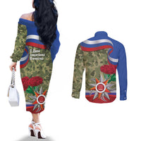 Russia Defender of The Fatherland Day Couples Matching Off The Shoulder Long Sleeve Dress and Long Sleeve Button Shirt