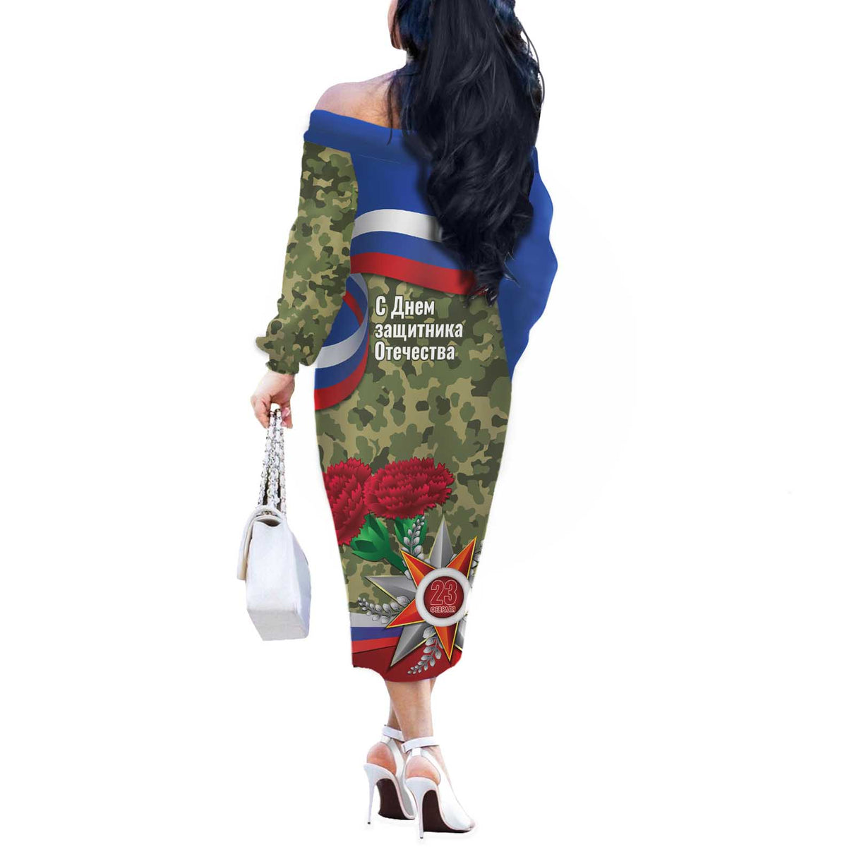 Russia Defender of The Fatherland Day Off The Shoulder Long Sleeve Dress