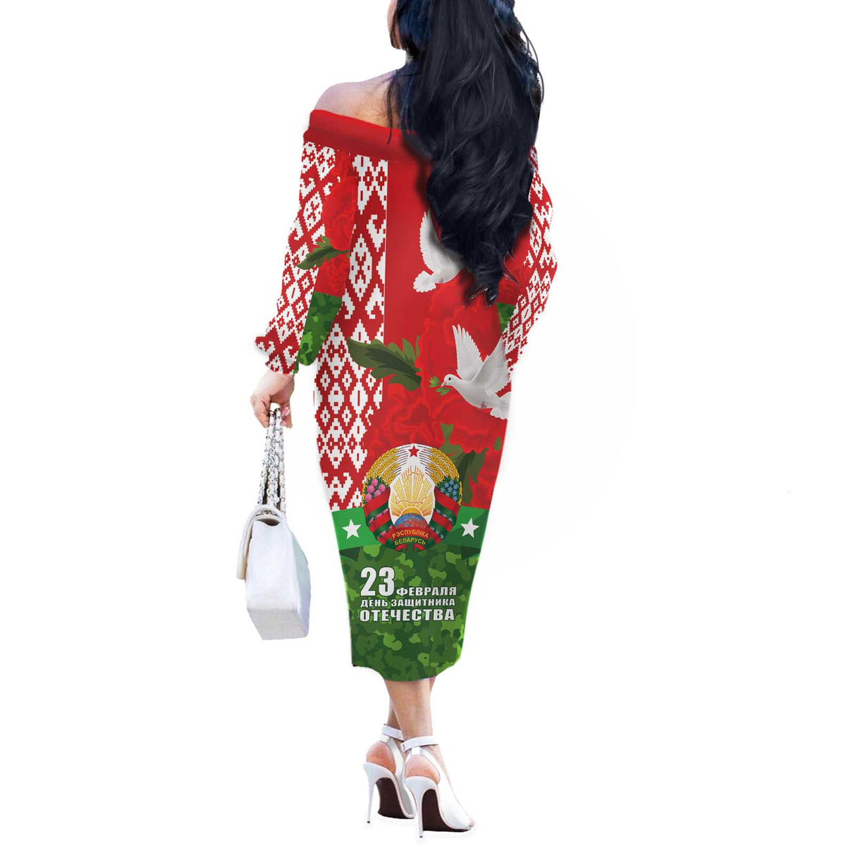 Belarus Defender of The Fatherland Day Off The Shoulder Long Sleeve Dress