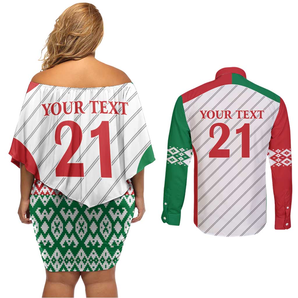 Belarus Football Custom Couples Matching Off Shoulder Short Dress and Long Sleeve Button Shirt Rushnyk Pattern