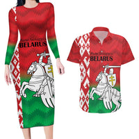Republic of Belarus Couples Matching Long Sleeve Bodycon Dress and Hawaiian Shirt Pahonia Rushnyk Pattern