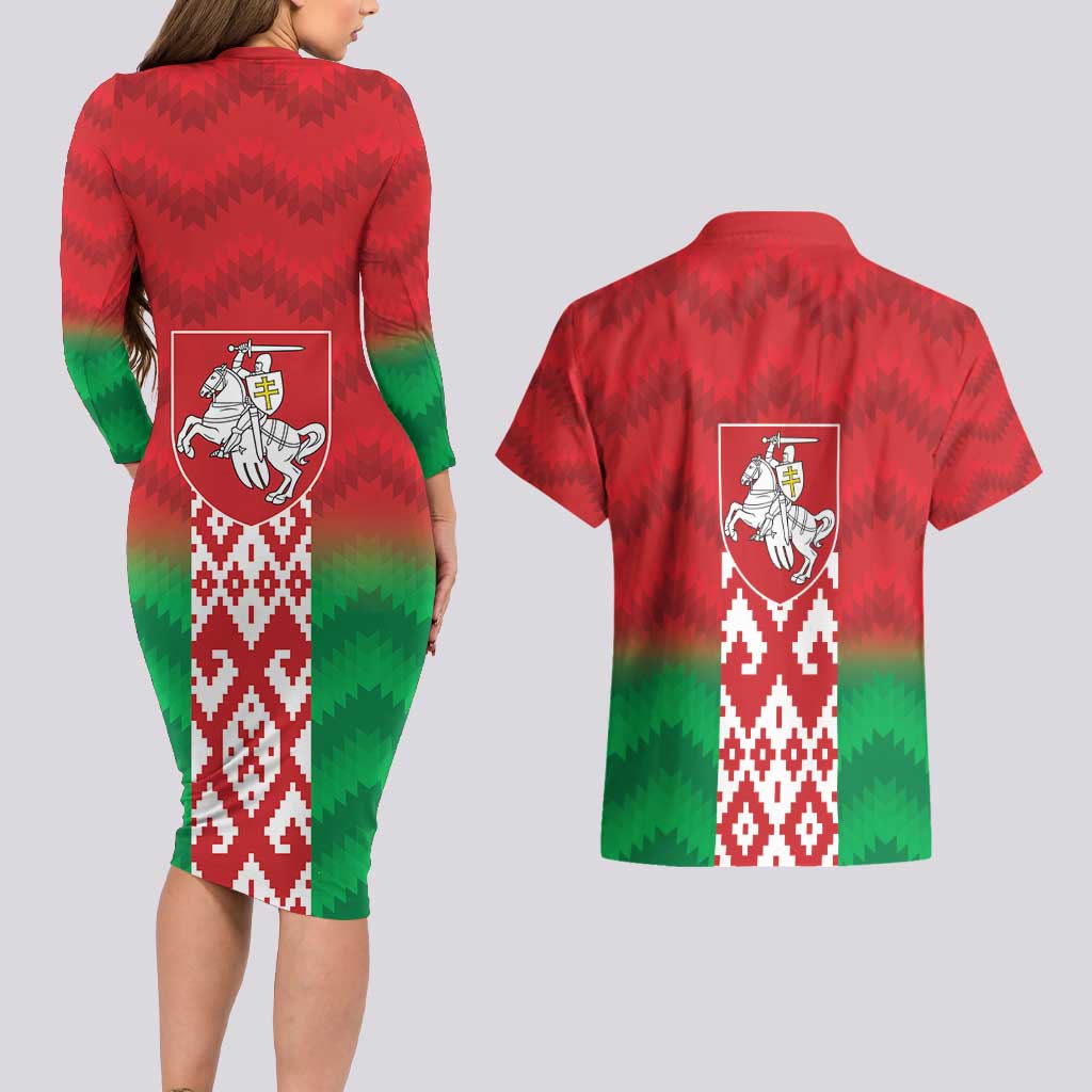 Republic of Belarus Couples Matching Long Sleeve Bodycon Dress and Hawaiian Shirt Pahonia Rushnyk Pattern