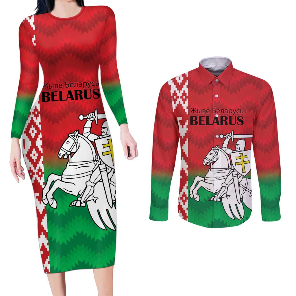 Republic of Belarus Couples Matching Long Sleeve Bodycon Dress and Long Sleeve Button Shirt Pahonia Rushnyk Pattern
