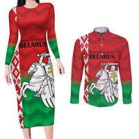 Republic of Belarus Couples Matching Long Sleeve Bodycon Dress and Long Sleeve Button Shirt Pahonia Rushnyk Pattern