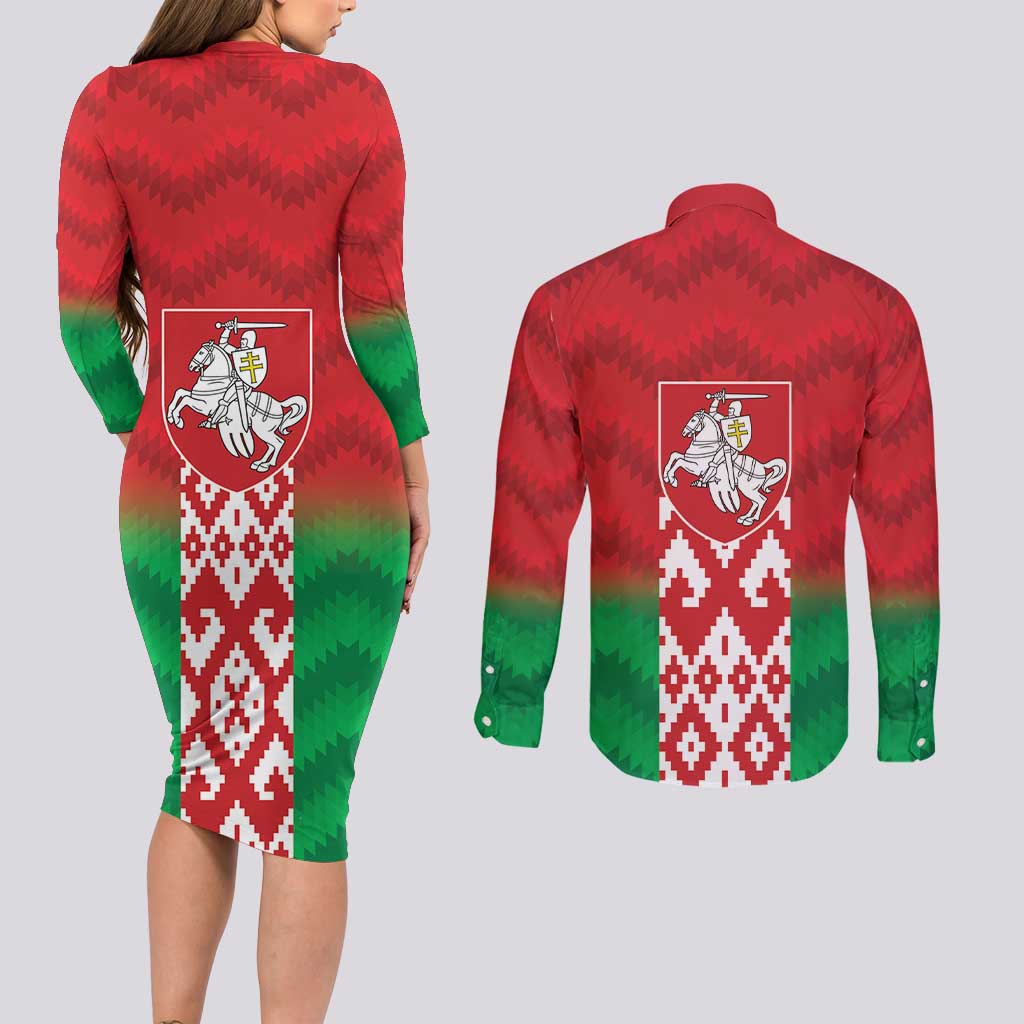 Republic of Belarus Couples Matching Long Sleeve Bodycon Dress and Long Sleeve Button Shirt Pahonia Rushnyk Pattern
