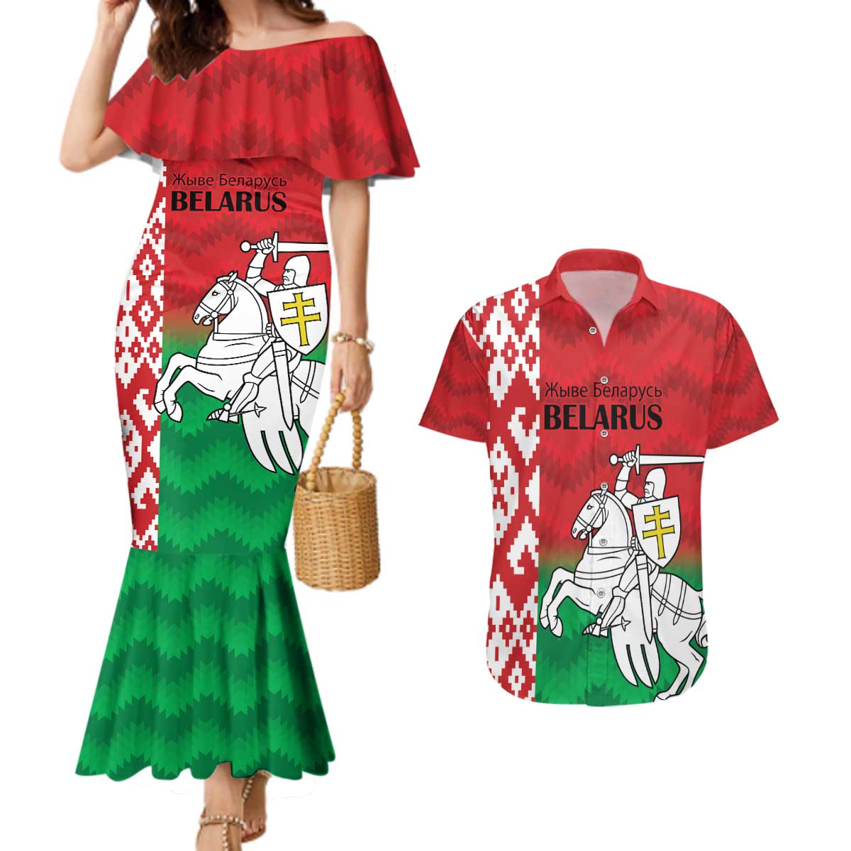 Republic of Belarus Couples Matching Mermaid Dress and Hawaiian Shirt Pahonia Rushnyk Pattern