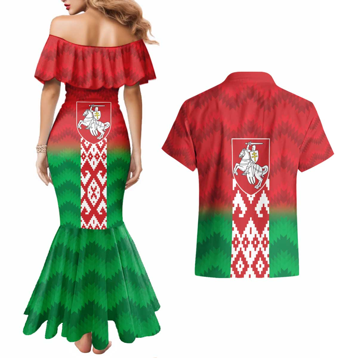Republic of Belarus Couples Matching Mermaid Dress and Hawaiian Shirt Pahonia Rushnyk Pattern