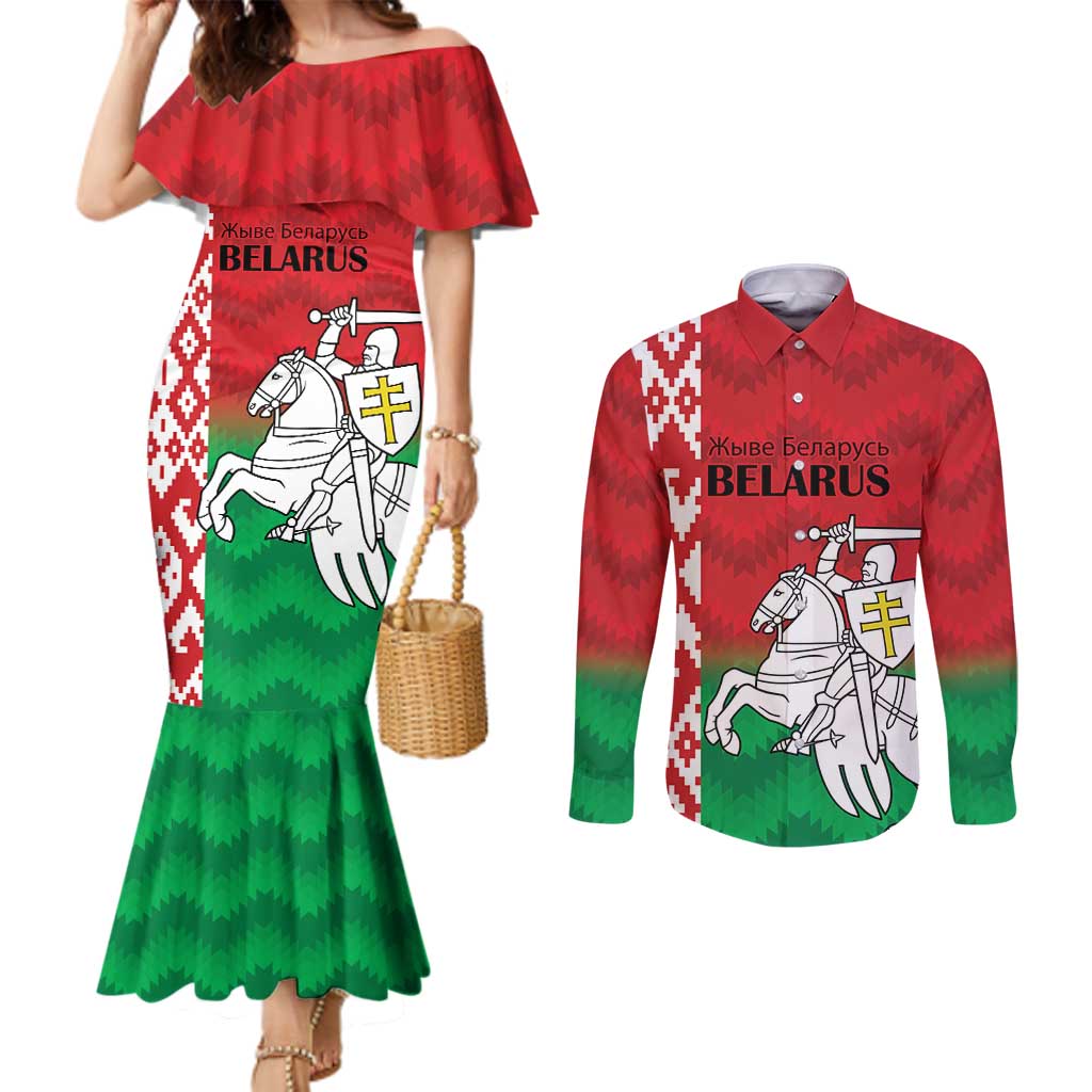 Republic of Belarus Couples Matching Mermaid Dress and Long Sleeve Button Shirt Pahonia Rushnyk Pattern