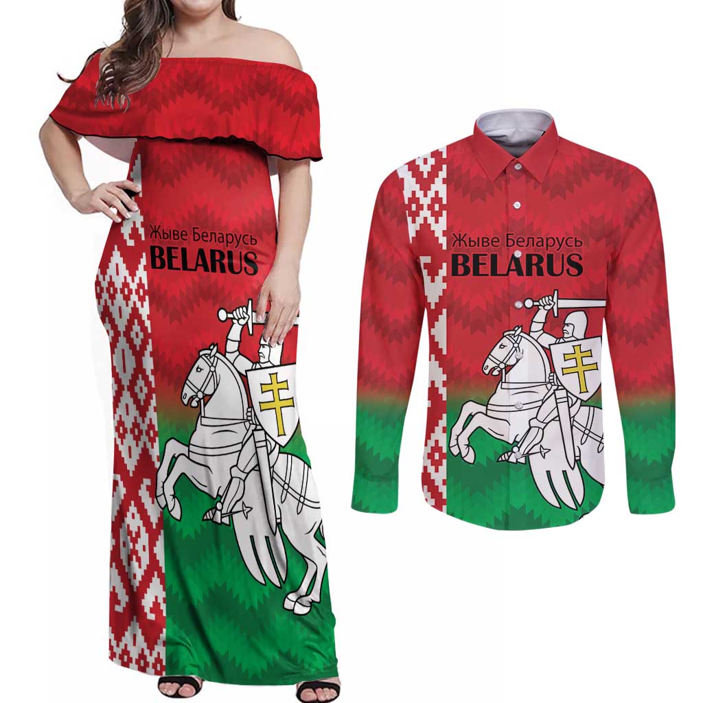 Republic of Belarus Couples Matching Off Shoulder Maxi Dress and Long Sleeve Button Shirt Pahonia Rushnyk Pattern