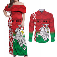 Republic of Belarus Couples Matching Off Shoulder Maxi Dress and Long Sleeve Button Shirt Pahonia Rushnyk Pattern