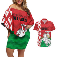 Republic of Belarus Couples Matching Off Shoulder Short Dress and Hawaiian Shirt Pahonia Rushnyk Pattern