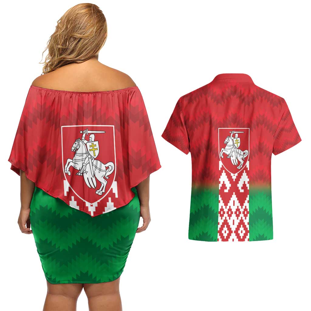 Republic of Belarus Couples Matching Off Shoulder Short Dress and Hawaiian Shirt Pahonia Rushnyk Pattern