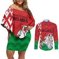 Republic of Belarus Couples Matching Off Shoulder Short Dress and Long Sleeve Button Shirt Pahonia Rushnyk Pattern