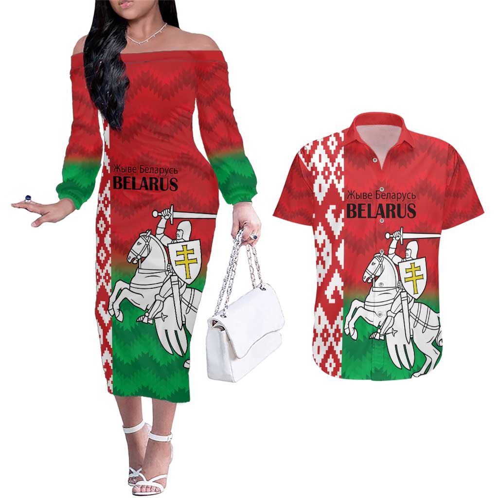 Republic of Belarus Couples Matching Off The Shoulder Long Sleeve Dress and Hawaiian Shirt Pahonia Rushnyk Pattern