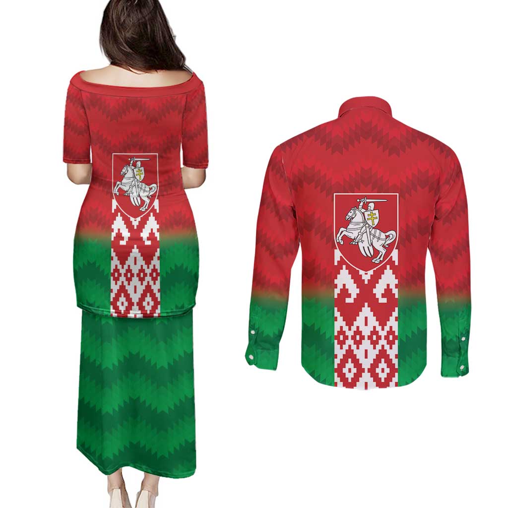 Republic of Belarus Couples Matching Puletasi and Long Sleeve Button Shirt Pahonia Rushnyk Pattern
