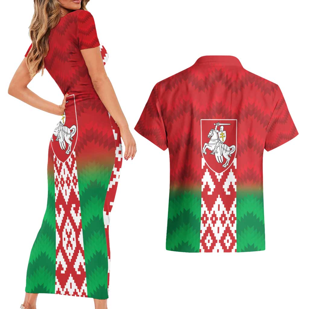 Republic of Belarus Couples Matching Short Sleeve Bodycon Dress and Hawaiian Shirt Pahonia Rushnyk Pattern