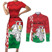 Republic of Belarus Couples Matching Short Sleeve Bodycon Dress and Long Sleeve Button Shirt Pahonia Rushnyk Pattern