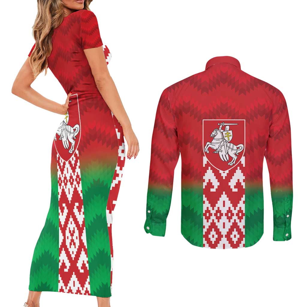 Republic of Belarus Couples Matching Short Sleeve Bodycon Dress and Long Sleeve Button Shirt Pahonia Rushnyk Pattern