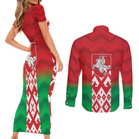 Republic of Belarus Couples Matching Short Sleeve Bodycon Dress and Long Sleeve Button Shirt Pahonia Rushnyk Pattern