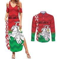 Republic of Belarus Couples Matching Summer Maxi Dress and Long Sleeve Button Shirt Pahonia Rushnyk Pattern