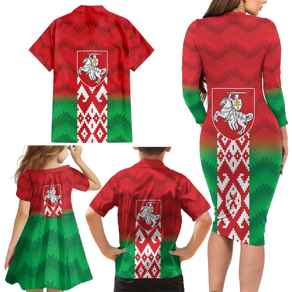 Republic of Belarus Family Matching Long Sleeve Bodycon Dress and Hawaiian Shirt Pahonia Rushnyk Pattern