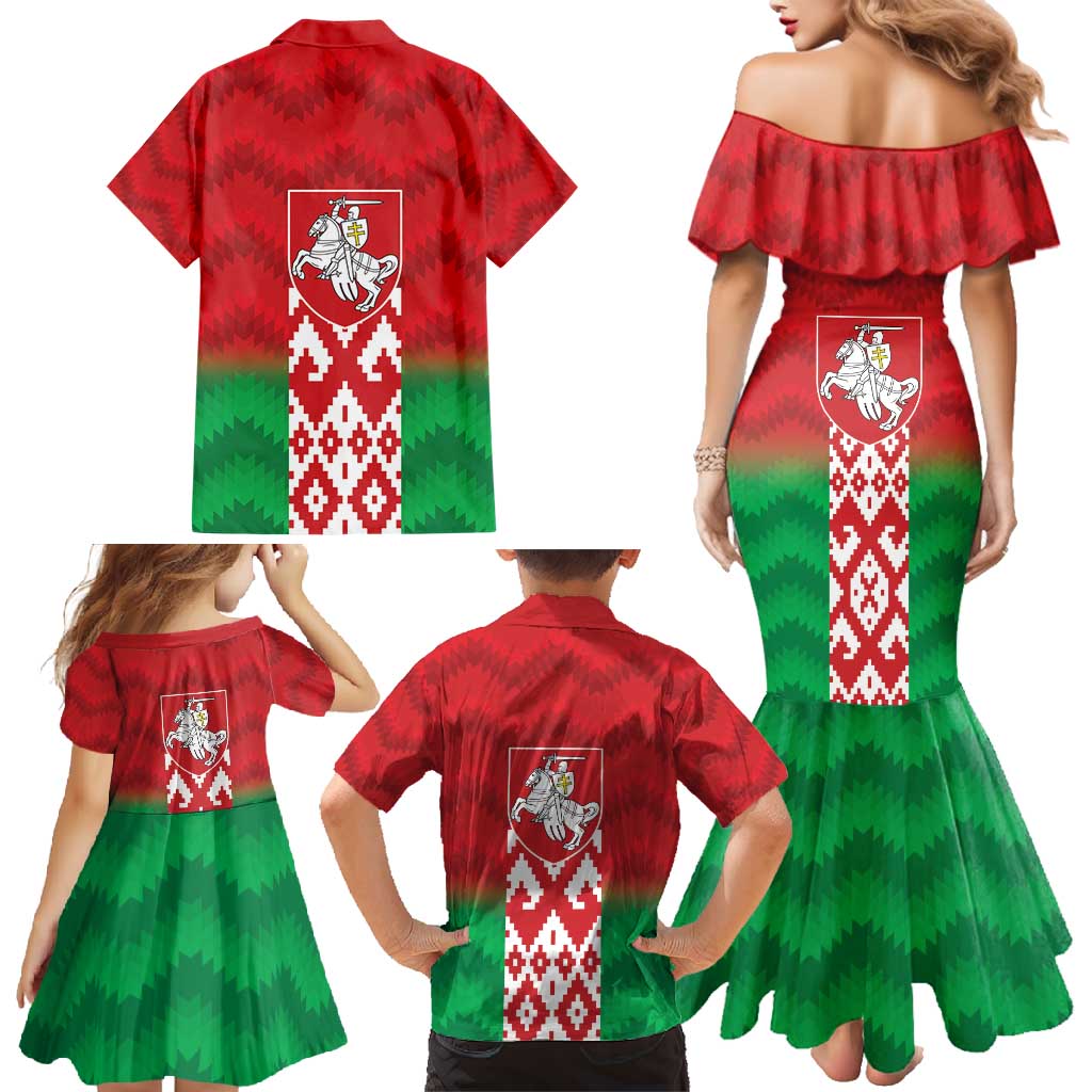 Republic of Belarus Family Matching Mermaid Dress and Hawaiian Shirt Pahonia Rushnyk Pattern