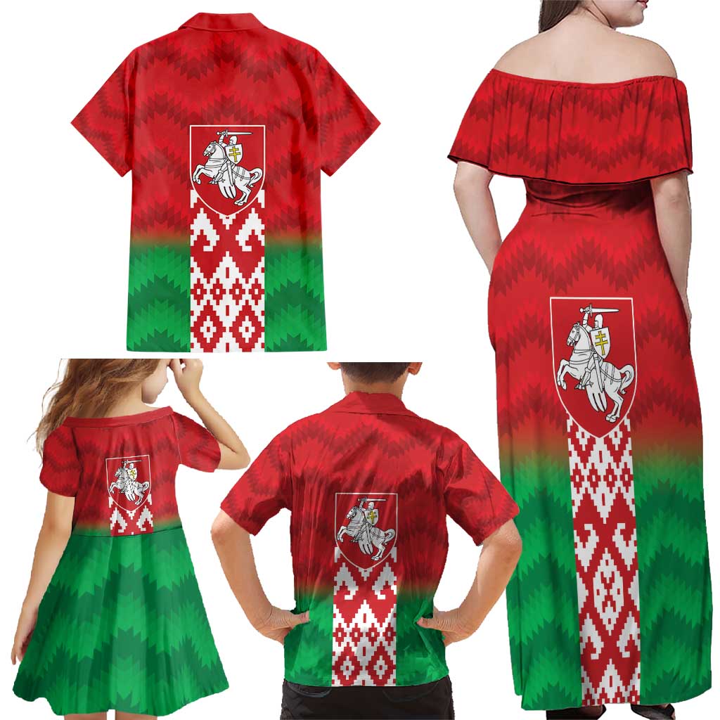 Republic of Belarus Family Matching Off Shoulder Maxi Dress and Hawaiian Shirt Pahonia Rushnyk Pattern