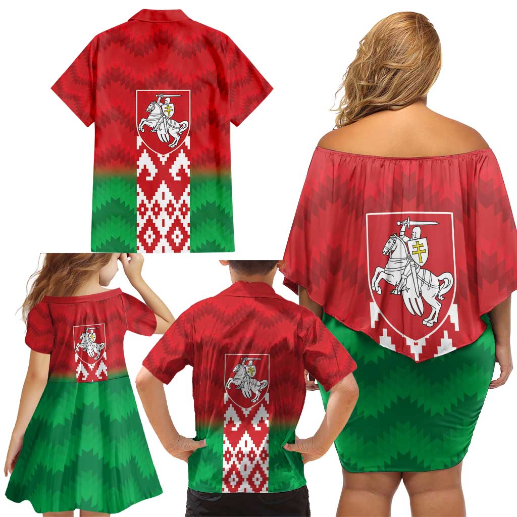 Republic of Belarus Family Matching Off Shoulder Short Dress and Hawaiian Shirt Pahonia Rushnyk Pattern