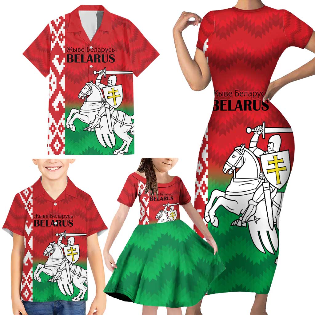 Republic of Belarus Family Matching Short Sleeve Bodycon Dress and Hawaiian Shirt Pahonia Rushnyk Pattern