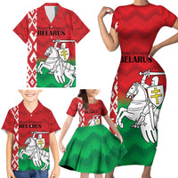 Republic of Belarus Family Matching Short Sleeve Bodycon Dress and Hawaiian Shirt Pahonia Rushnyk Pattern