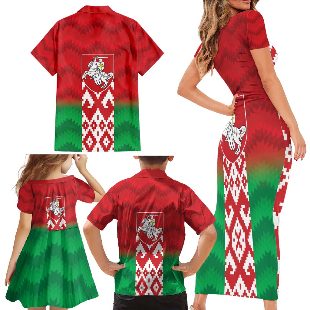 Republic of Belarus Family Matching Short Sleeve Bodycon Dress and Hawaiian Shirt Pahonia Rushnyk Pattern