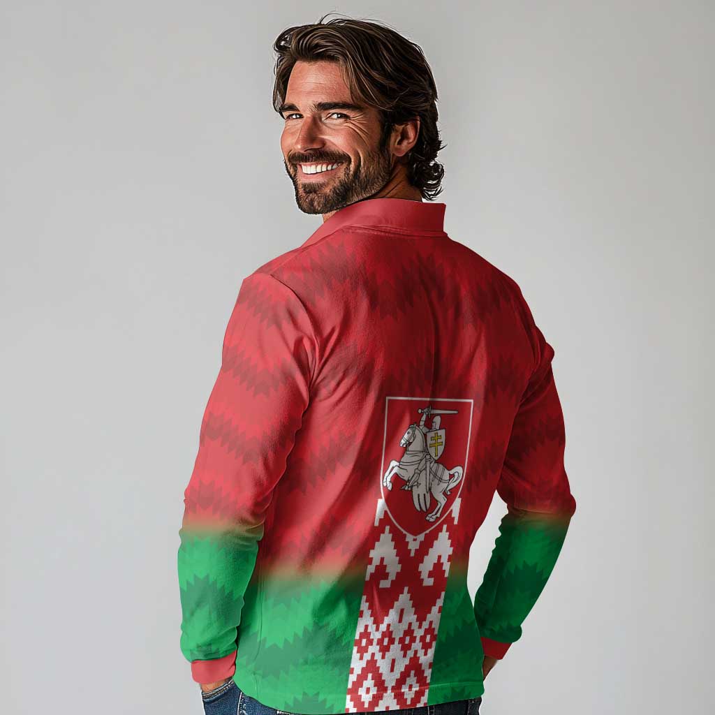 Republic of Belarus Long Sleeve Polo Shirt Pahonia Rushnyk Pattern
