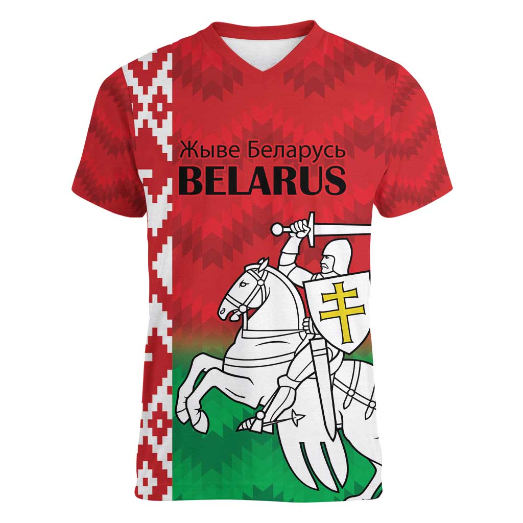 Republic of Belarus Women V-Neck T-Shirt Pahonia Rushnyk Pattern - Wonder Print Shop