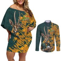 Custom South Africa Rugby Couples Matching Off Shoulder Short Dress and Long Sleeve Button Shirt The Springboks Mascot Sporty Version LT9 - Wonder Print Shop