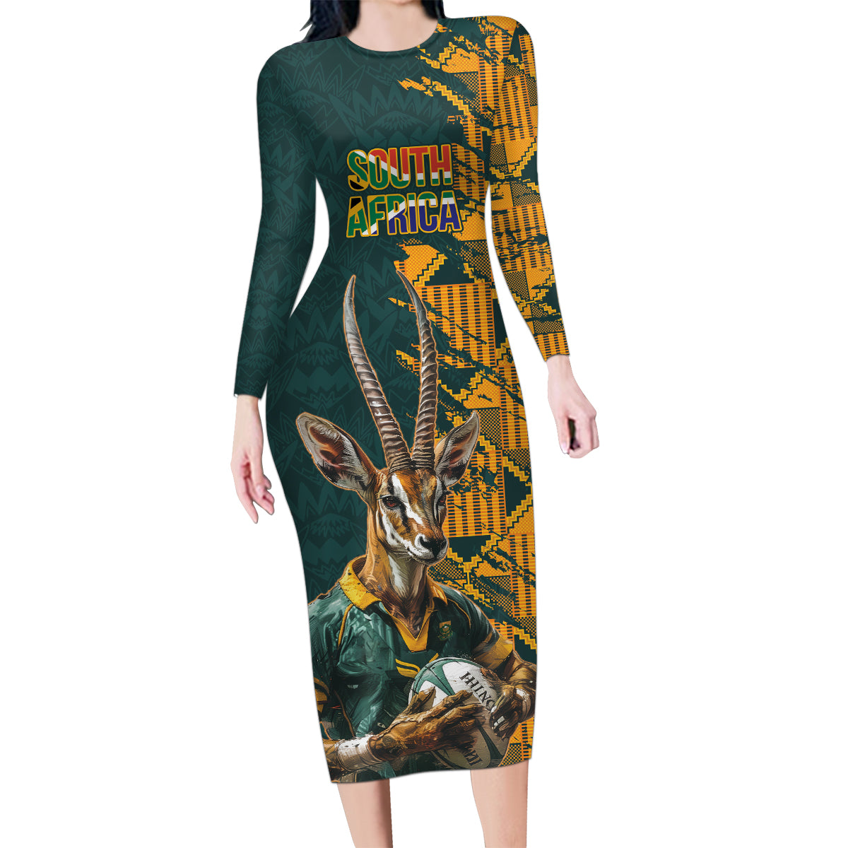 Custom South Africa Rugby Family Matching Long Sleeve Bodycon Dress and Hawaiian Shirt The Springboks Mascot Sporty Version LT9 - Wonder Print Shop