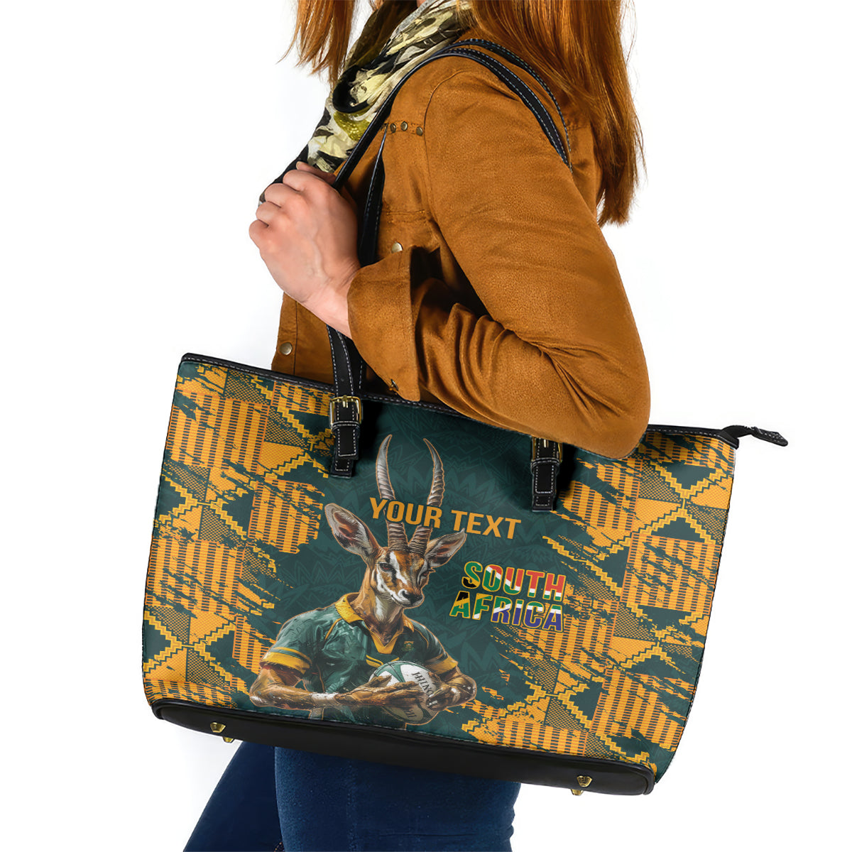 Custom South Africa Rugby Leather Tote Bag The Springboks Mascot Sporty Version