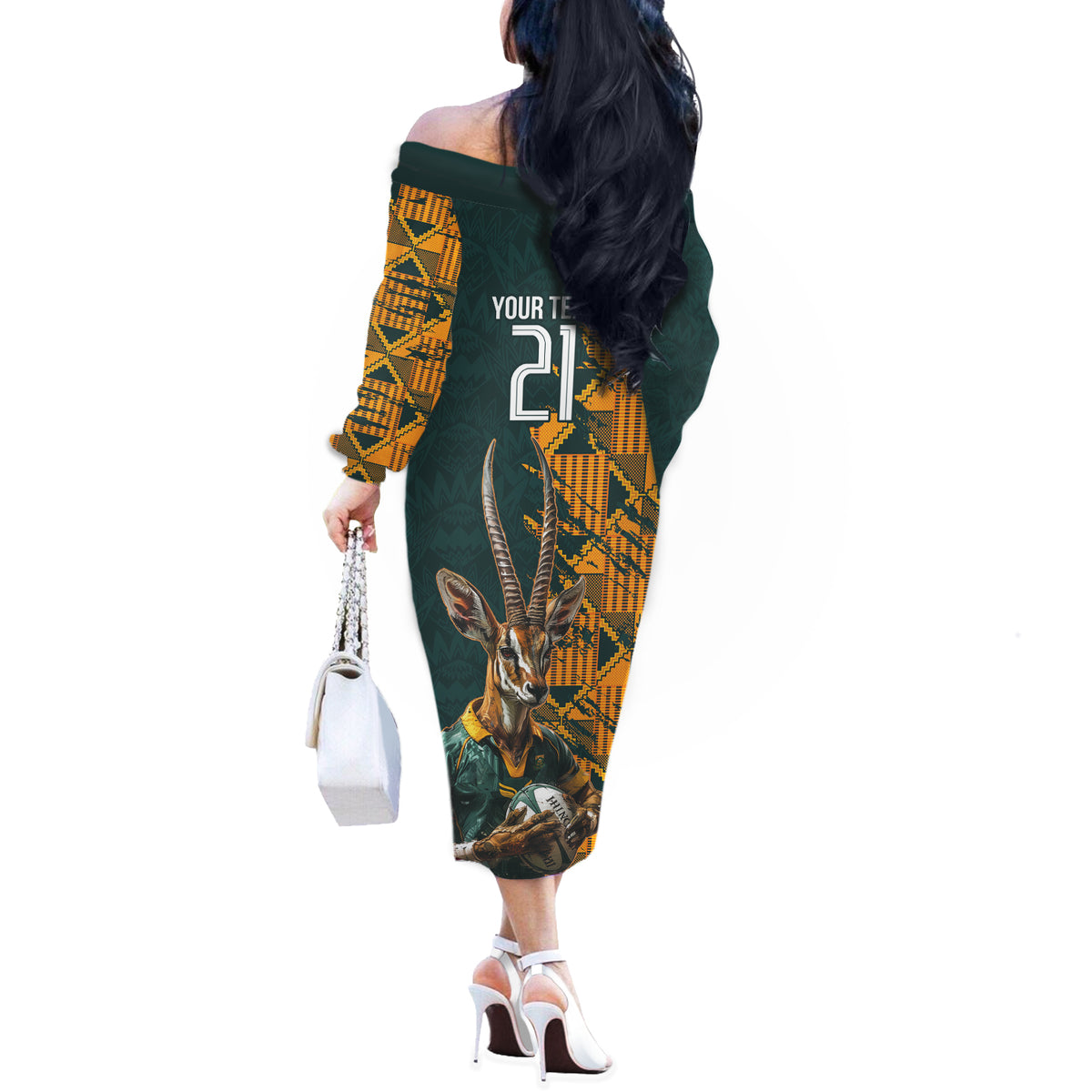Custom South Africa Rugby Off The Shoulder Long Sleeve Dress The Springboks Mascot Sporty Version - Wonder Print Shop