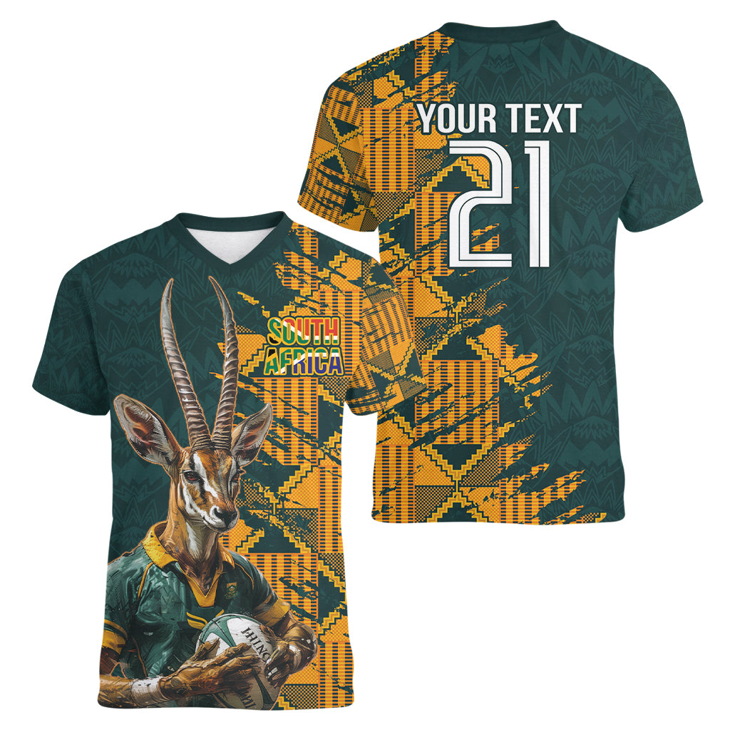 Custom South Africa Rugby Women V-Neck T-Shirt The Springboks Mascot Sporty Version - Wonder Print Shop
