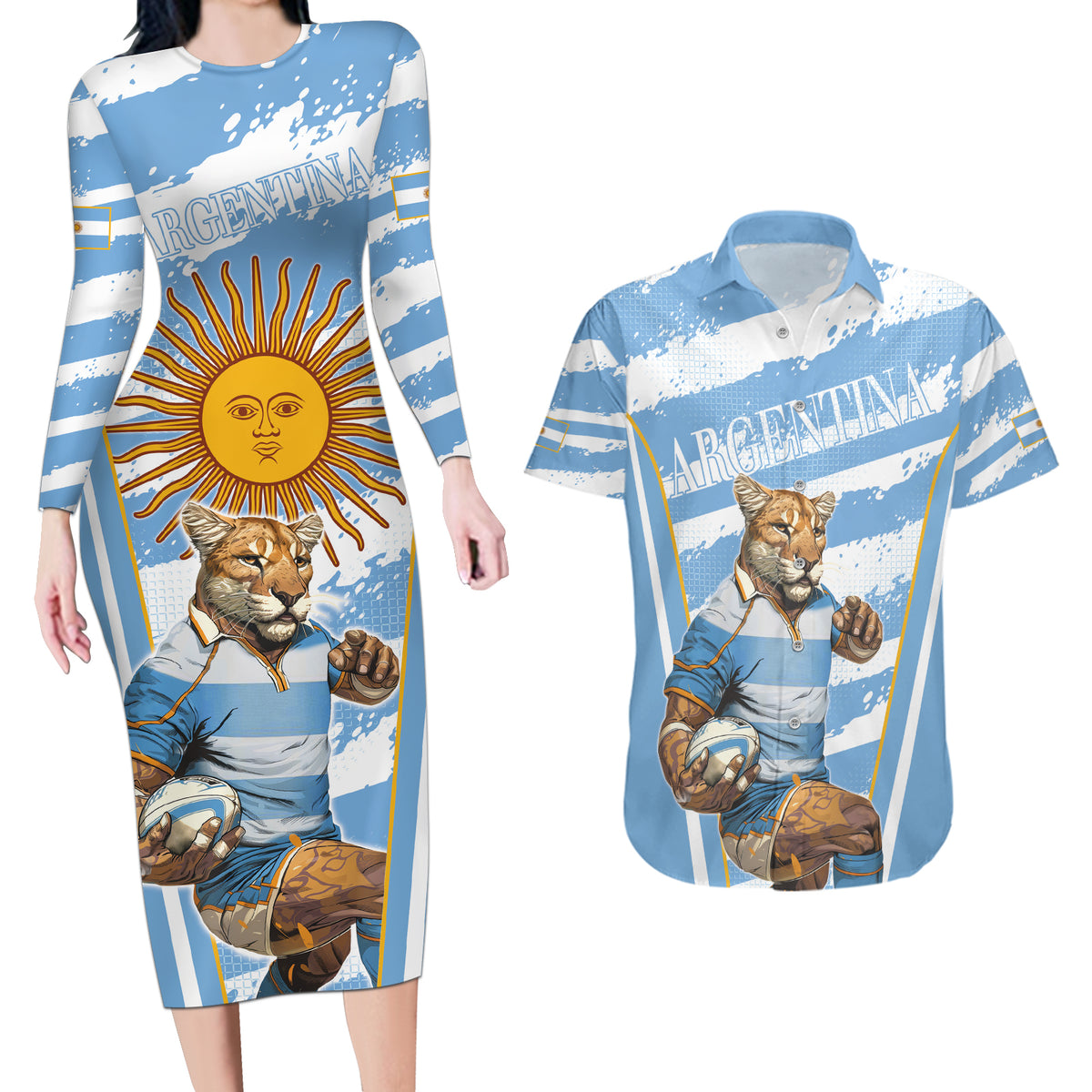 Custom Vamos Argentina Couples Matching Long Sleeve Bodycon Dress and Hawaiian Shirt The Pumas Rugby Mascot Sporty Version LT9 - Wonder Print Shop