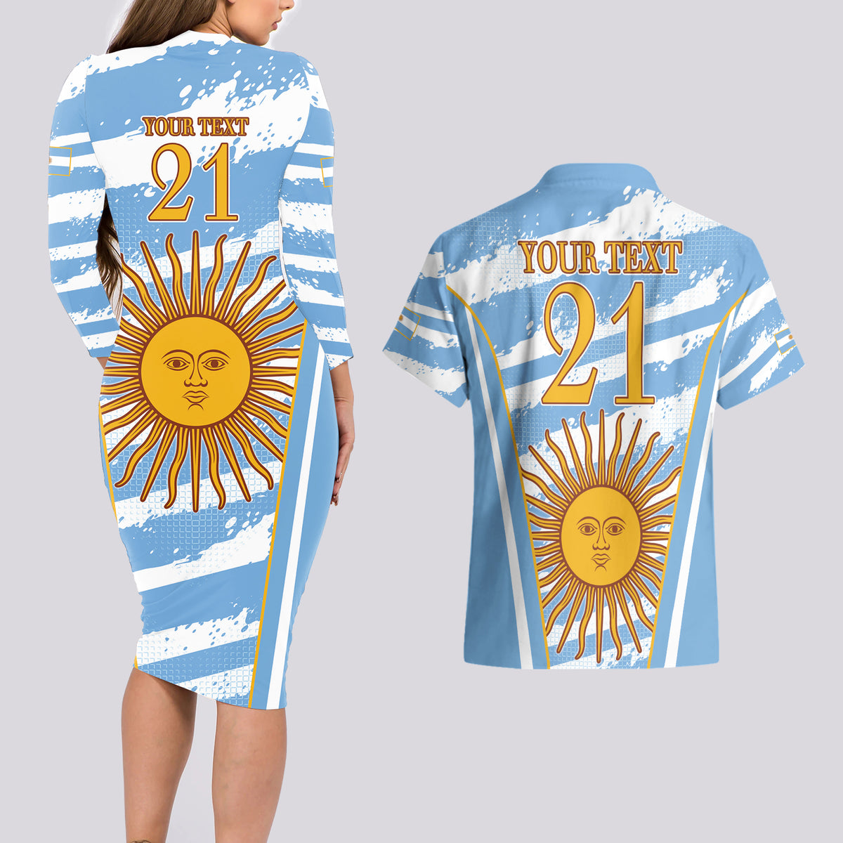 Custom Vamos Argentina Couples Matching Long Sleeve Bodycon Dress and Hawaiian Shirt The Pumas Rugby Mascot Sporty Version LT9 - Wonder Print Shop