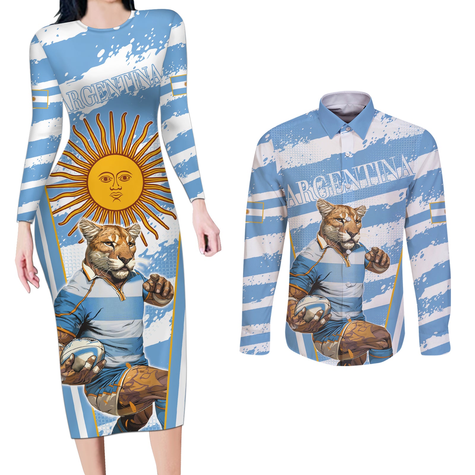 Custom Vamos Argentina Couples Matching Long Sleeve Bodycon Dress and Long Sleeve Button Shirt The Pumas Rugby Mascot Sporty Version LT9 - Wonder Print Shop