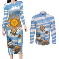Custom Vamos Argentina Couples Matching Long Sleeve Bodycon Dress and Long Sleeve Button Shirt The Pumas Rugby Mascot Sporty Version LT9 - Wonder Print Shop