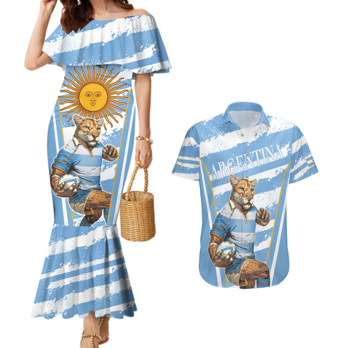 Custom Vamos Argentina Couples Matching Mermaid Dress and Hawaiian Shirt The Pumas Rugby Mascot Sporty Version LT9 - Wonder Print Shop
