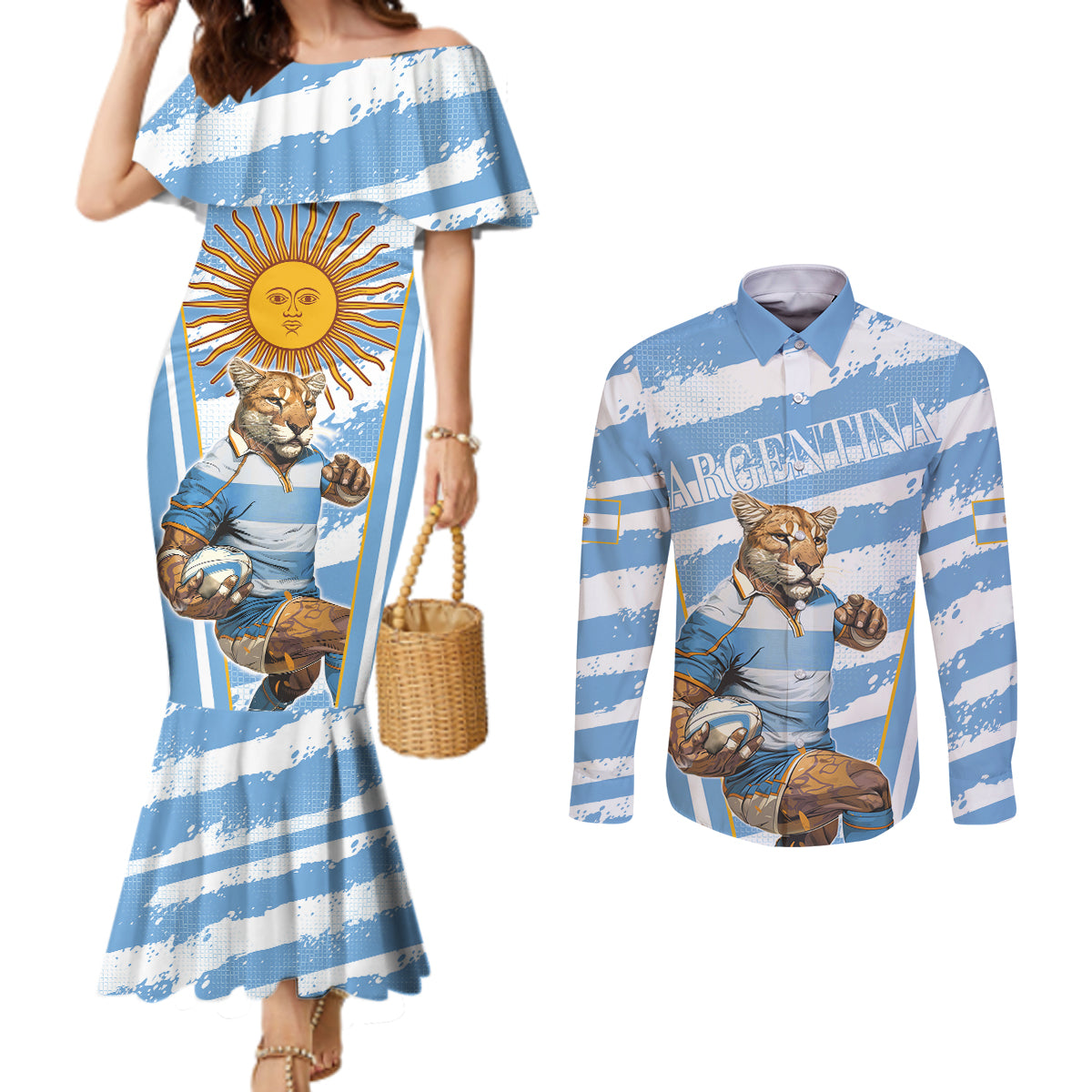 Custom Vamos Argentina Couples Matching Mermaid Dress and Long Sleeve Button Shirt The Pumas Rugby Mascot Sporty Version