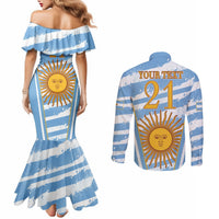 Custom Vamos Argentina Couples Matching Mermaid Dress and Long Sleeve Button Shirt The Pumas Rugby Mascot Sporty Version