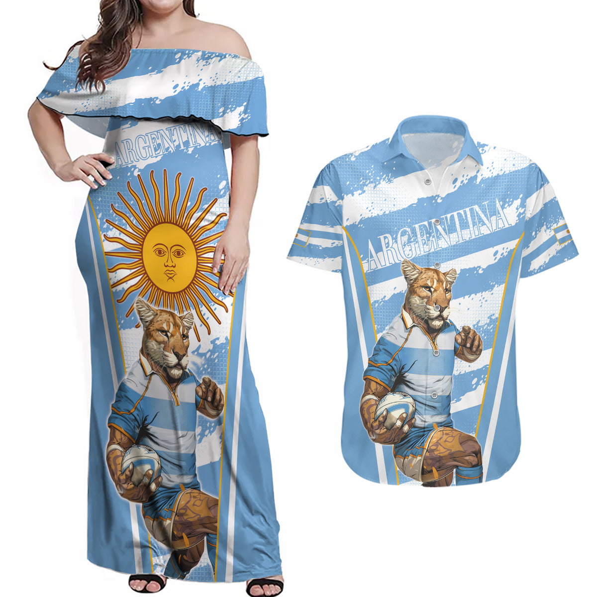 Custom Vamos Argentina Couples Matching Off Shoulder Maxi Dress and Hawaiian Shirt The Pumas Rugby Mascot Sporty Version LT9 - Wonder Print Shop