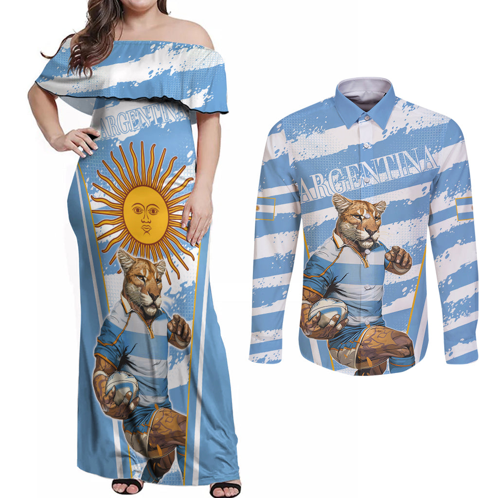 Custom Vamos Argentina Couples Matching Off Shoulder Maxi Dress and Long Sleeve Button Shirt The Pumas Rugby Mascot Sporty Version LT9 - Wonder Print Shop